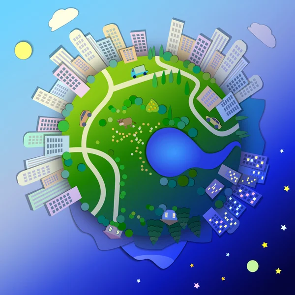 Doğada yaşam döngüsü kavramı, gece ve gündüzün değişimi. Gezegenin görünümü, gece ve gündüz. Minyatür küre. Farklı zaman dilimleri kavramı, uluslararası zaman illüstrasyon.