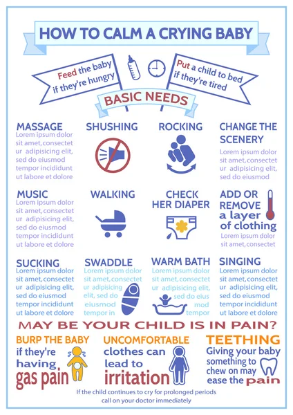 Detailed vector baby infographic. Шаблон презентации Как успокоить плачущего ребенка — стоковый вектор