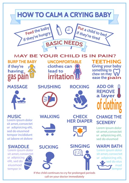 Detaylı vektör bebek çocuk infografik. Sunum şablonu Ağlayan bir bebeği nasıl sakinleştirir