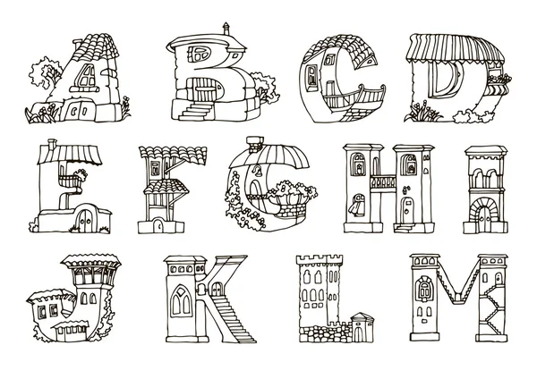 Russian language alphabet, letters in houses shape.Hand drawn font.Handmade alphabetic house set, illustrations for education font. Черно-белая линия . — стоковый вектор