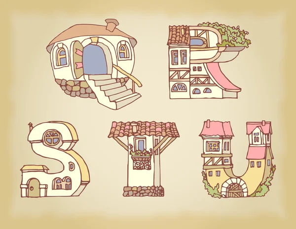 Alfabeto en inglés, letras en forma de casa. Fuente dibujada a mano con estilo retro. Conjunto de casa alfabética hecha a mano, ilustraciones para la fuente de educación . — Vector de stock