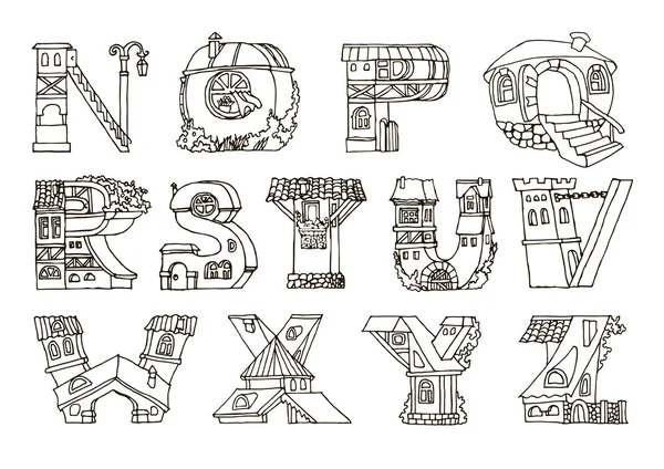 Russian language alphabet, letters in houses shape.Hand drawn font.Handmade alphabetic house set, illustrations for education font. Черно-белая линия . — стоковый вектор