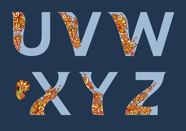 Het originele Engelse alfabet. Volledige bloem decor alfabet. Set van ABCD hoofdletters alfabet letters met decoratieve patronen in geel en oranje kleuren. — Stockvector