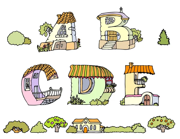 Vektör El Çizilmiş Fontlar.El çizilmiş yazı tipi, evler şeklinde harfler. El çizilmiş yazı tipi, evler şeklinde harfler. Ağaçlar, çalılar ve evler seti ile el yazısı Alfabeler