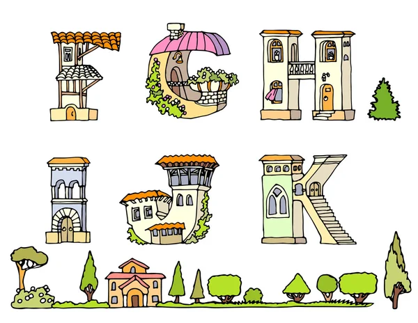 Vektör El Çizilmiş Fontlar.El çizilmiş yazı tipi, evler şeklinde harfler. Abcd büyük harf alfabesi harf seti.