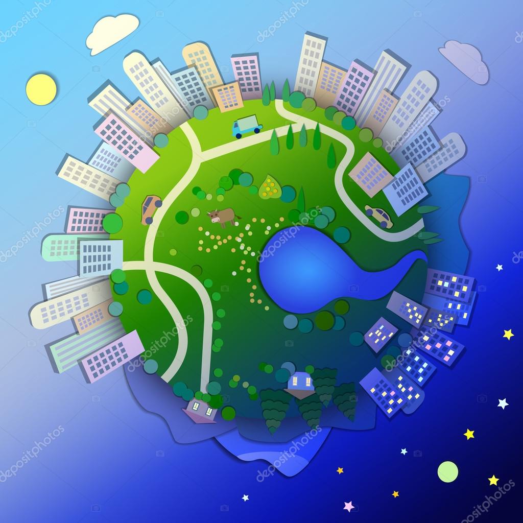 Concept of life cycle in nature,alternation of day and night.View the planet,day and night time.Miniature globe.The concept of different time illustration. Stock Vector Image by ©Viktoriiaa #101531552