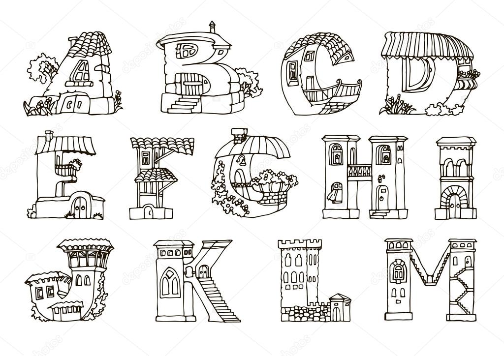 English language alphabet, letters in houses shape.Hand drawn font.Handmade alphabetic house set, illustrations for education font. Black and white line drawing.