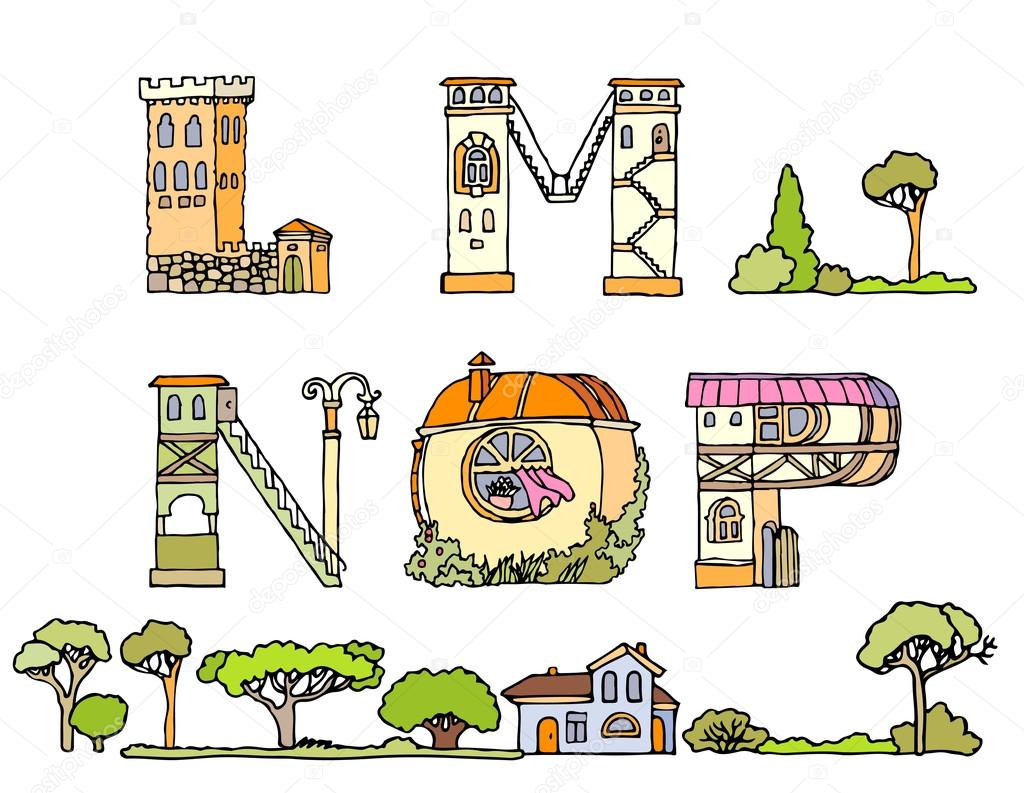 Vector Hand Drawn Fonts.The original English language alphabet.Set of ABCD uppercase alphabet letters.Hand drawn font,letters in houses shape.Handwriting Alphabets with set of trees, shrubs and houses