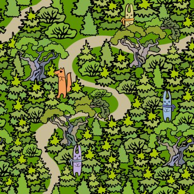 Cartoon Oak and fir trees seamless pattern background.Hand drawn