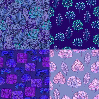 Set of Hand Drawn seamless floral patterns.Stylized Decorative l
