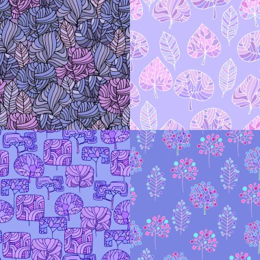 Set of Hand Drawn seamless floral patterns.Decorative leaves and