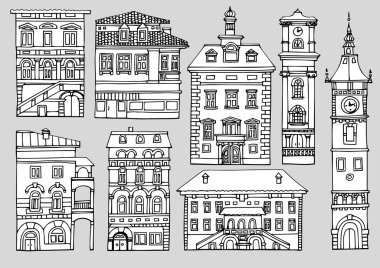 Set of different color and shape old houses. Facades of variegat clipart