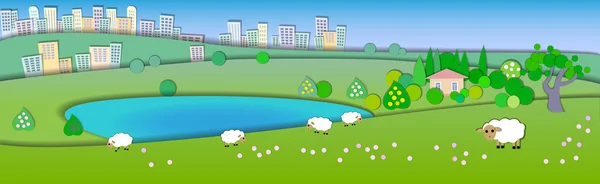 Αλλαγή εποχών. Concept δείχνει διάφορα στυλ ζωής. Στυλ κοπής χαρτιού. Επίπεδη απεικόνιση με ομαλές σκιές. Καλοκαιρινό τοπίο με πράσινα χωράφια, πρόβατα στα βοσκοτόπια, σπίτι στη λίμνη — Διανυσματικό Αρχείο