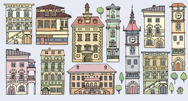 Ensemble de différentes couleurs et formes vieilles maisons. Façades de variegat — Image vectorielle