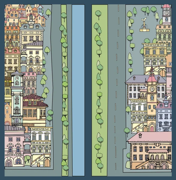 Calles de ciudades europeas.Diferentes colores y formas de casas antiguas . — Archivo Imágenes Vectoriales