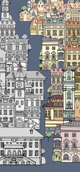 La estrecha calle de las ciudades europeas.Diferentes casas antiguas de forma . — Archivo Imágenes Vectoriales