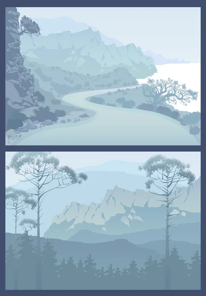 Вид на блакитні гори з лісом. — стоковий вектор