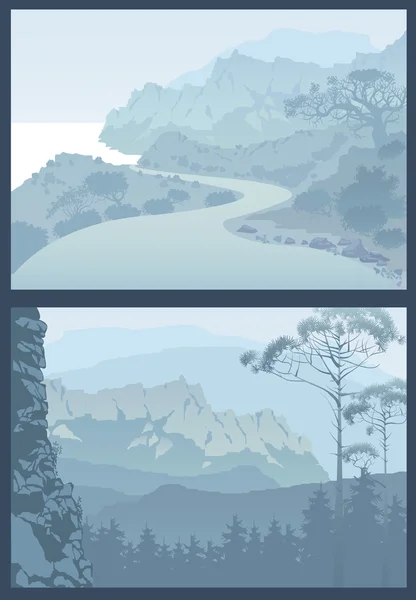 Vue sur les montagnes bleues avec forêt.Asphalte route est sinueuse être — Image vectorielle