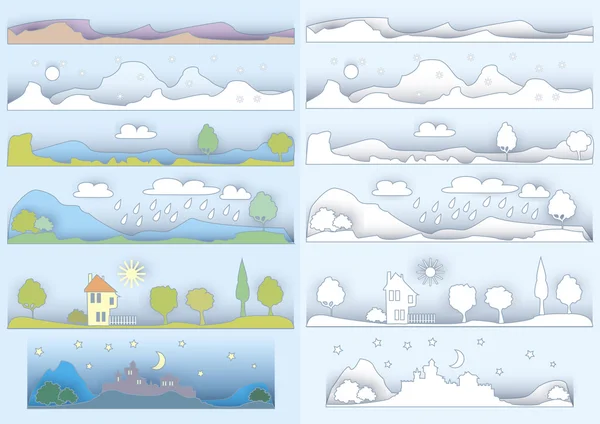 Insignes de ligne avec paysages et icônes de la nature — Image vectorielle