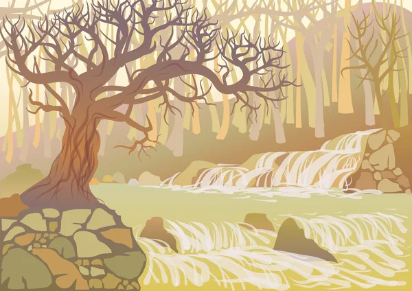 Paisaje con río y árboles — Vector de stock