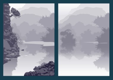 Landscape with mountain river and trees. Gorge canyon.