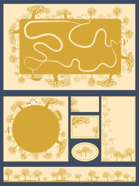 Decorative card. Decorative frame with floral elements. Silhouette of a forest