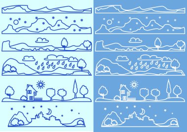 Line badges with landscapes and nature icons, linear graphics.