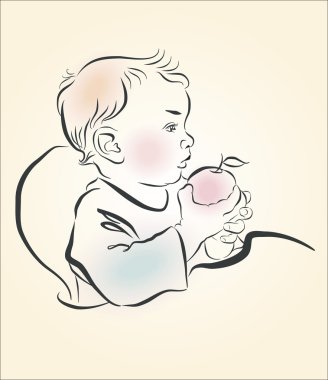 Vector illustration. A child eats an apple