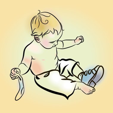 Illustration of boy putting on shoes. Little Boy Put Shoes On.