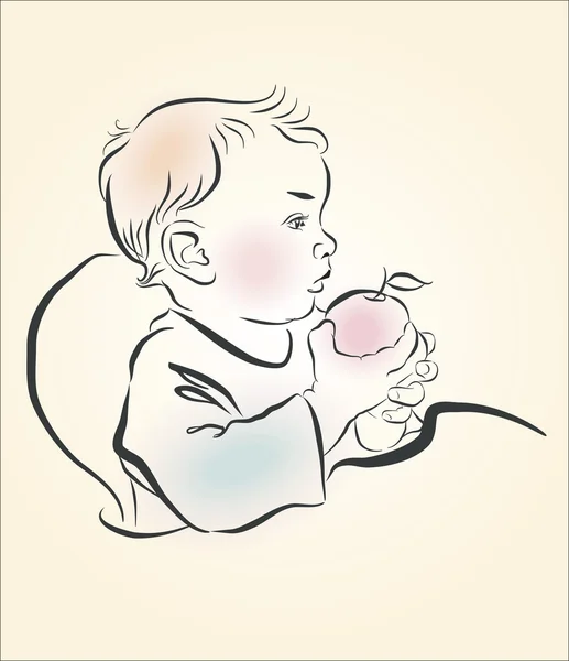 Vector illustration. A child eats an apple — ストックベクタ
