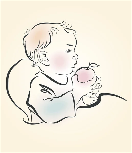 Vector illustration. A child eats an apple