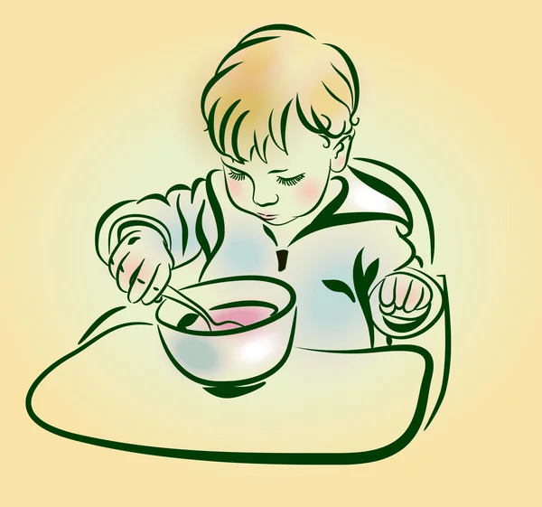 Il bambino con un cucchiaio in mano mangia . — Vettoriale Stock