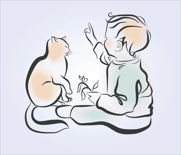 Vector illustration. A small child playing with a cat. — Stock vektor