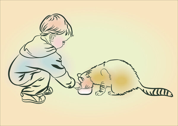 The boy feeds a cat
