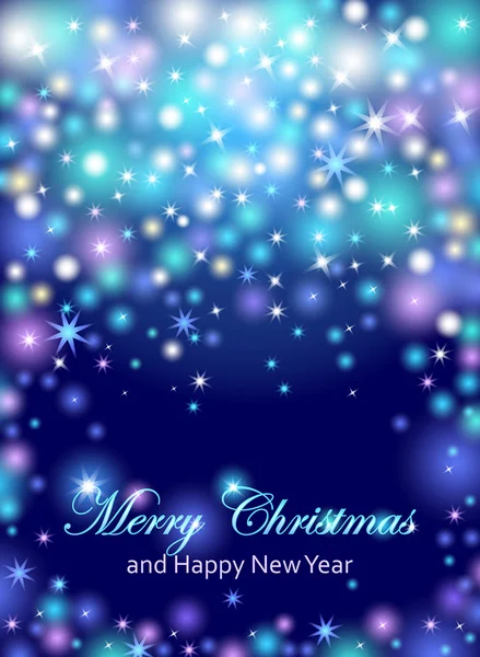 Neşeli Noel ve mutlu yeni yıl kutlamaları el ilanı, afiş, poster ya da parlak metin ile davet. Neşeli Noel mesajı ile yıldız, koyu mavi parlak kitabe parlayan ışıklar,