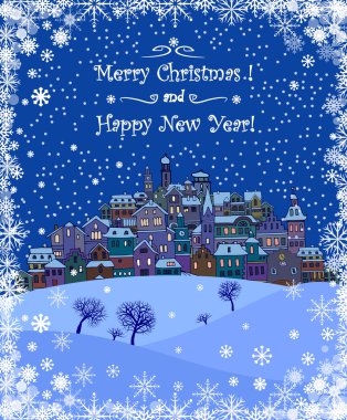 Neşeli Noel ve mutlu yeni yıl tatil arka plan Yazıt, kentsel peyzaj ve kar yağışı ile. Küçük bir eski şehir ile neşeli Noel tebrik kartı