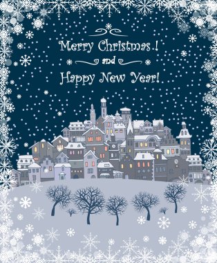 Neşeli Noel ve mutlu yeni yıl tatil arka plan Yazıt, kentsel peyzaj ve kar yağışı ile. Küçük bir eski şehir ile neşeli Noel tebrik kartı