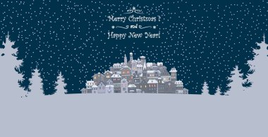 Neşeli Noel ve mutlu yeni yıl tatil arka plan Yazıt, kentsel peyzaj ve kar yağışı ile. Küçük bir eski şehir ile neşeli Noel tebrik kartı