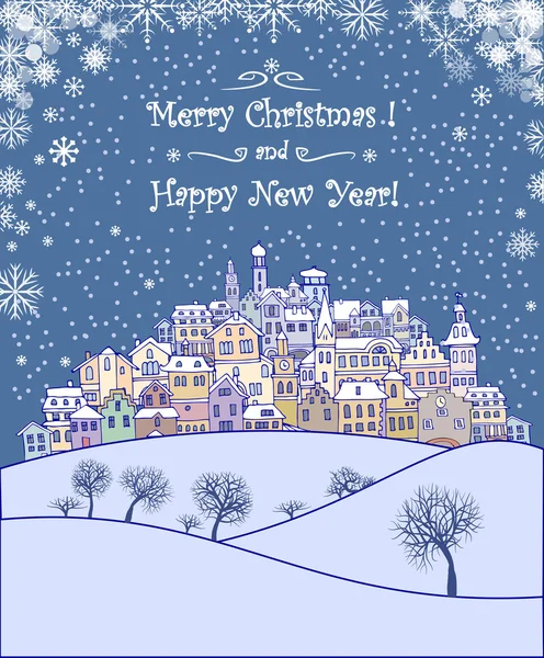 Feliz Navidad y Feliz Año Nuevo fondo de vacaciones con inscripción, paisaje urbano y nevadas.Feliz Navidad tarjeta de felicitación con un pequeño casco antiguo — Vector de stock