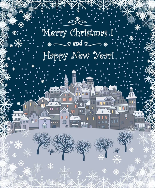 God jul och gott nytt år holiday bakgrund med inskription, urbana landskapet och snöfall. Merry Christmas gratulationskort med en liten gammal stad — Stock vektor