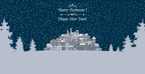 Merry Christmas and Happy New Year holiday background with inscription,urban landscape and snowfall.Merry Christmas greeting card with a small old town