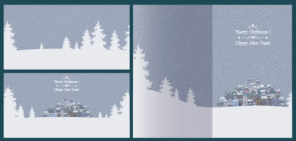 Neşeli Noel ve mutlu yeni yıl tatil arka plan Yazıt, kentsel peyzaj ve kar yağışı ile. Küçük bir eski şehir ile neşeli Noel tebrik kartı