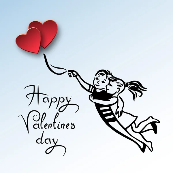Mignon dessiné à la main croquis couple volant avec ballon en forme de coeur — Image vectorielle
