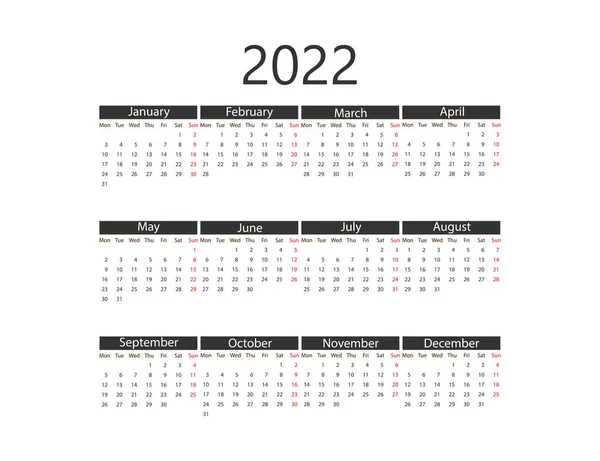 Weken Beginnen Maandag Vector Illustratie 2022 Jaar Kalender — Stockvector