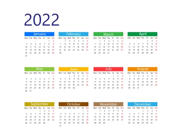 Les Semaines Commencent Lundi Illustration Vectorielle 2022 Année Calendrier — Image vectorielle