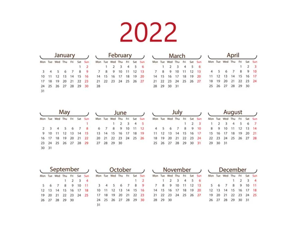 Vector Illustratie 2022 Jaar Kalender Weken Beginnen Maandag — Stockvector