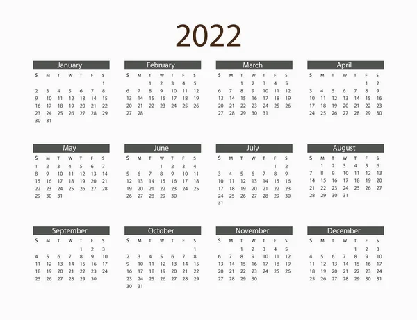2022 Rok Kalendarz Ilustracja Wektora Tygodnie Zaczynają — Wektor stockowy