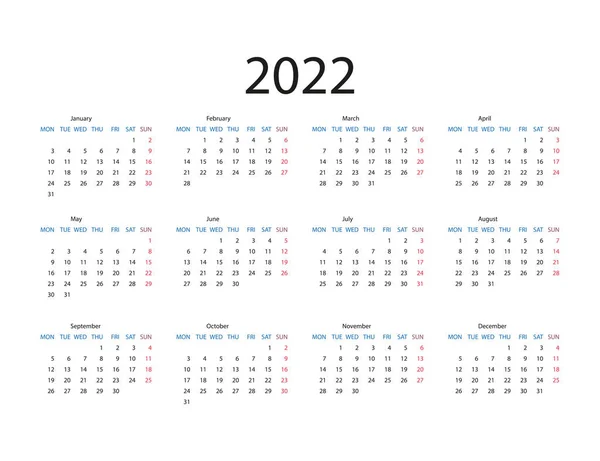 Ilustração Vetorial 2022 Ano Calendário Plano —  Vetores de Stock