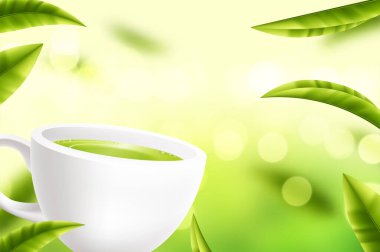 Yeşil arka planda yaprakları olan vektör beyaz çay fincanı