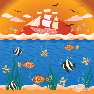 Balıklar ve gemi ile vektör çizim. 